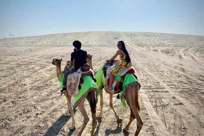 Camel trekking on the Dunes with Sunset - Sealine Beach stop: sea air, falcon photos, and a tea break